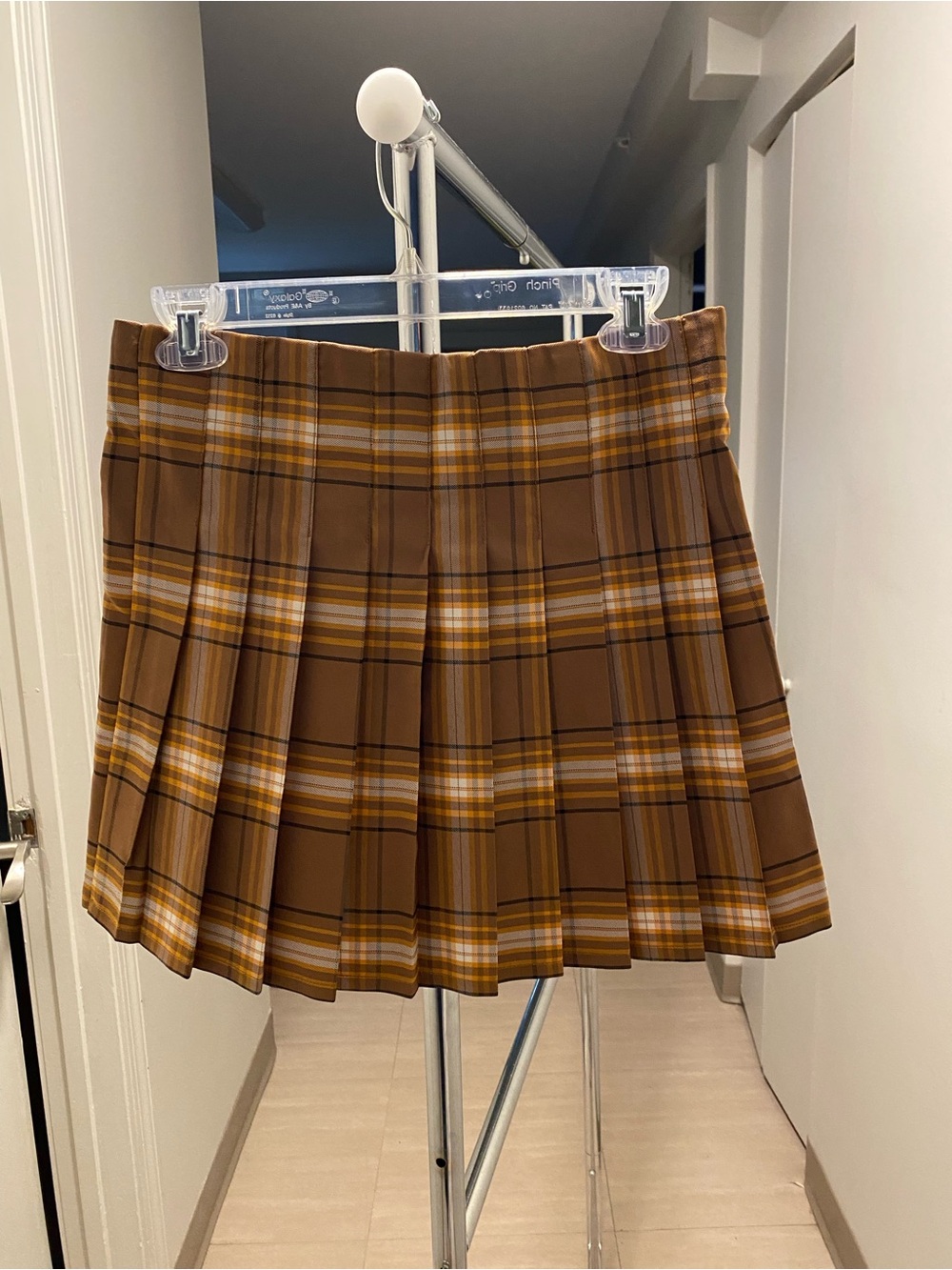 No Boundaries Brown Plaid Pleated Mini Skirt with Buckle Straps - Picture 5 of 9
